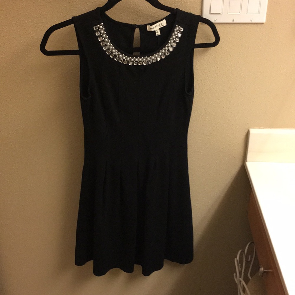 Monteau black pearl neckline dress